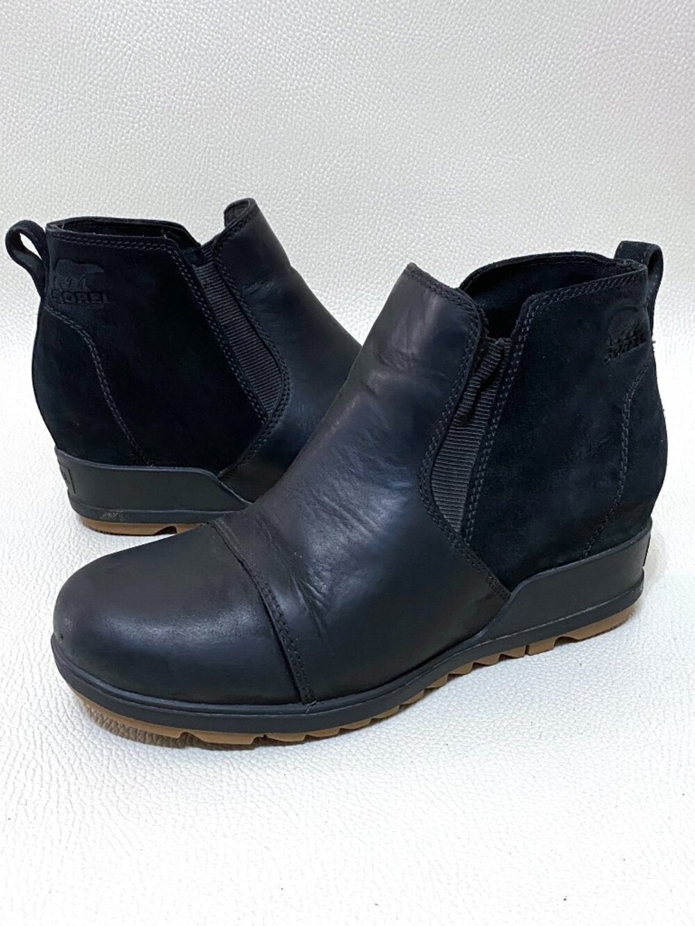 Womens Sorel Evie Size 8 Black Waterproof Leather Slip On Wedge Ankle Boots